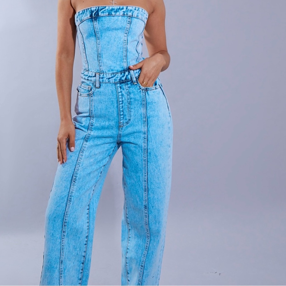 Petite Acid Blue Wash Denim Jumpsuit Size 00